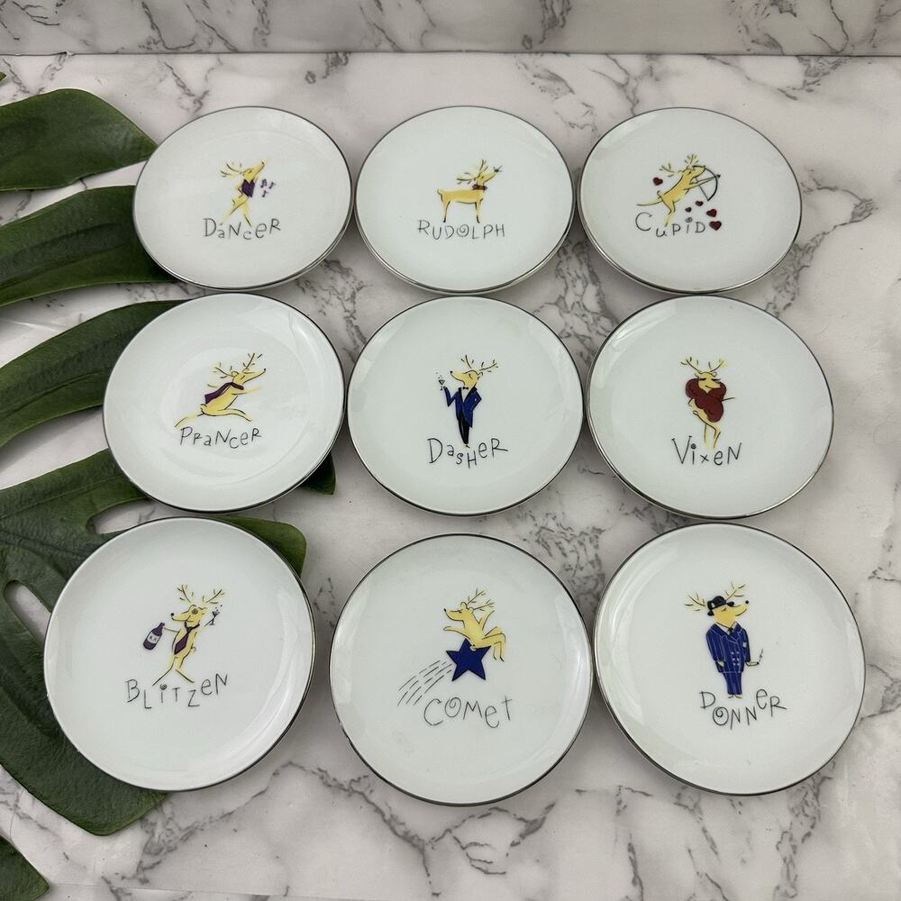 Pottery Barn Santa Reindeer Coasters Mini Appetizer Plates Set 8 Christmas 4in